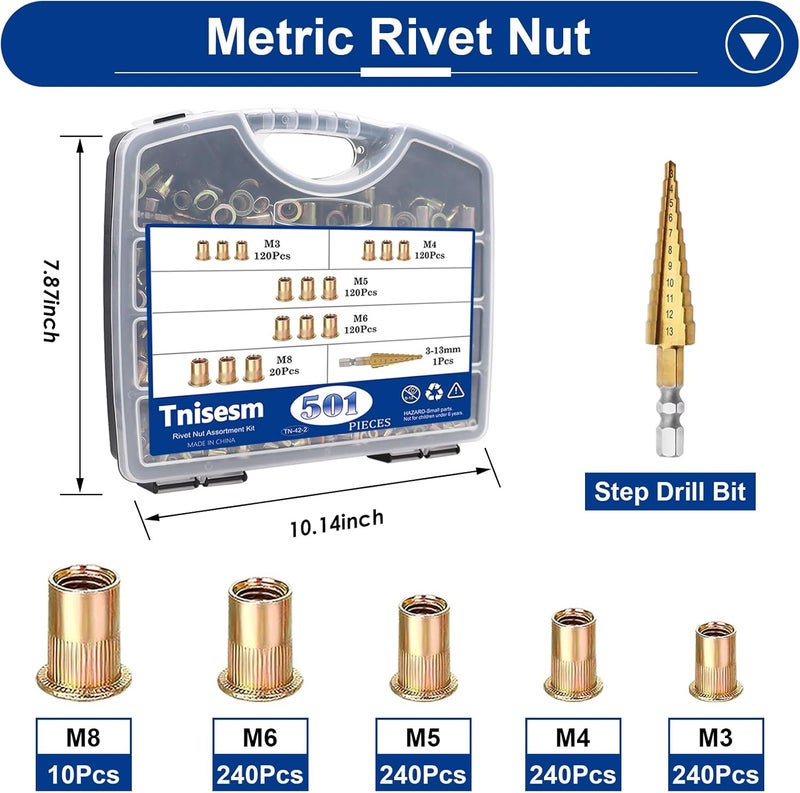 Tnisesm 501Pcs Rivet Nut Tool Kit, Rivnut Tool Kits,Professional Nutsert Tool Kit with Rivet Nuts Assortment Kit(M8/M6/M5/M4/M3) Rivet Nut Tool Suitable for Automotive,Industrial Applications - Image 3